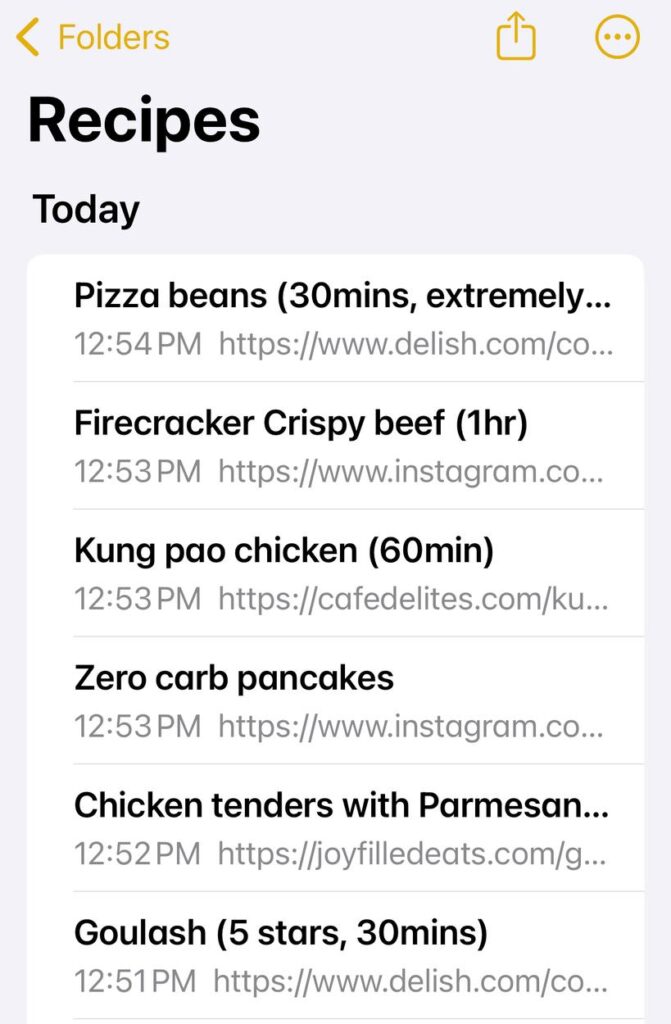 Recipes Folder displaying my notes of each recipe
