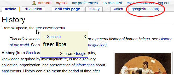 In this picture: Hovering over the word "free" while pressing the shift key gives me the translation.  The red-circle indicates where you could change the language settings for "GoogleTrans"