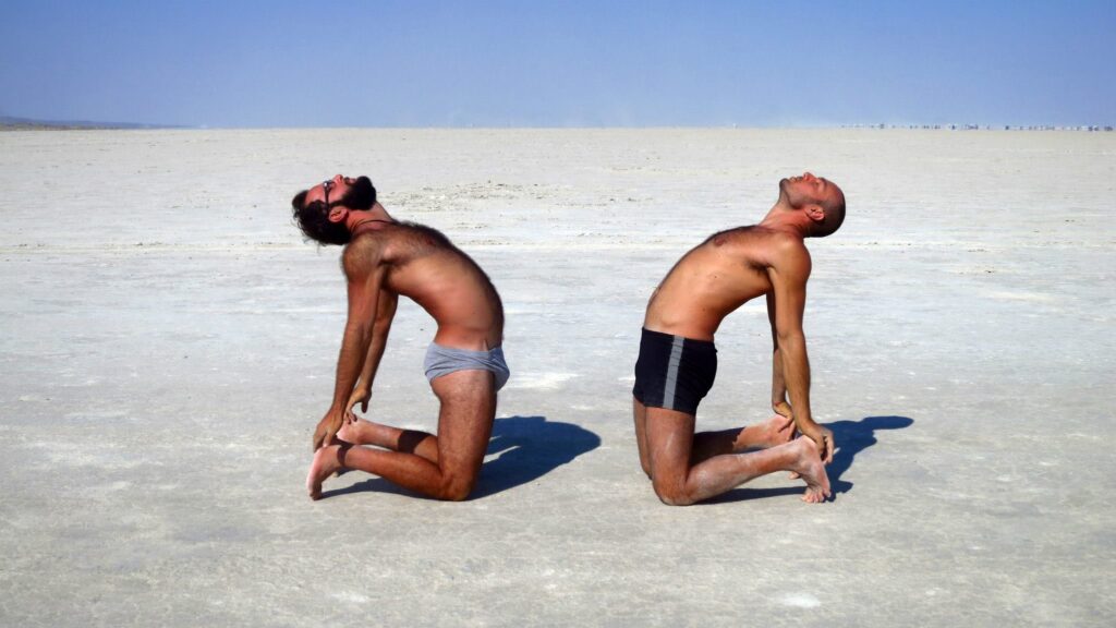 Here is a photo of my brother and I doing "Camel Pose" while in exodus. We absolutely cherish yoga and find it is soothing for the mind and body. It's no coincidence there were tons of yoga classes at the burn... the good news is, there's plenty of yoga studios in your own town! Even donation based ones in parks if you look hard enough! And nowadays, with YouTube around, you can even do it at home!